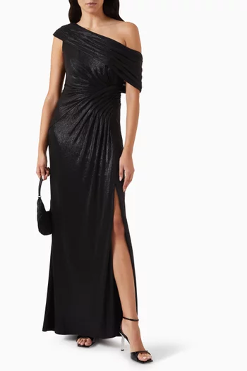 Leary Draped One-Shoulder Gown in Metallic Jersey