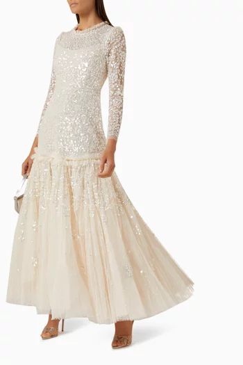 Regal Rose Gloss Long-sleeve Gown in Tulle