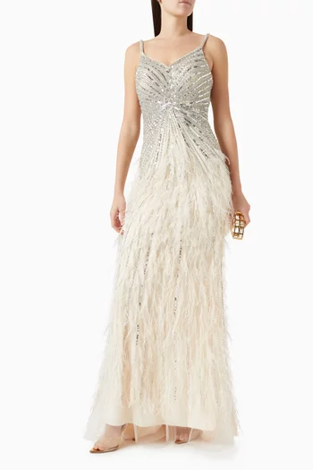 Sequin & Feather Embellished Gown in Tulle