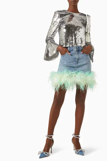 Rhinestone-embellished Feather Mini Skirt in Denim