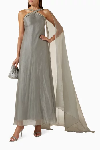 فستان طويل مطرز بحمالة حول الرقبة أورجانزا