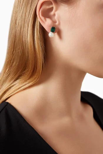 Emerald-cut Crystal & Pearl Drop Earrings in Sterling Silver
