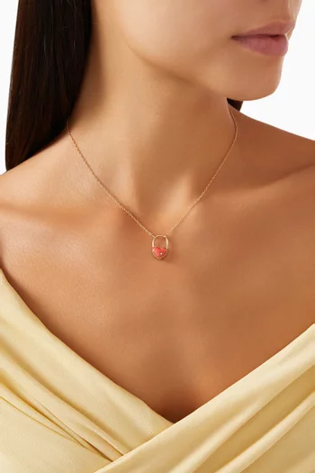 Padlock Heart Coral & Diamond Pendant Necklace in 9kt Gold