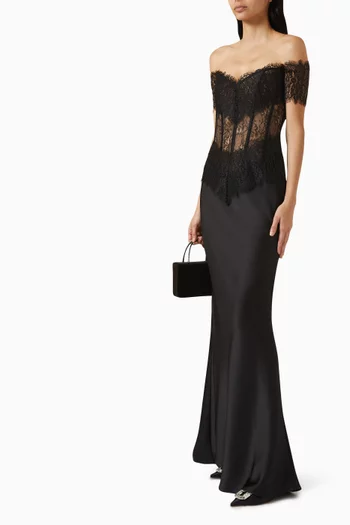 Off-shoulder Corset Gown in Lace & Satin