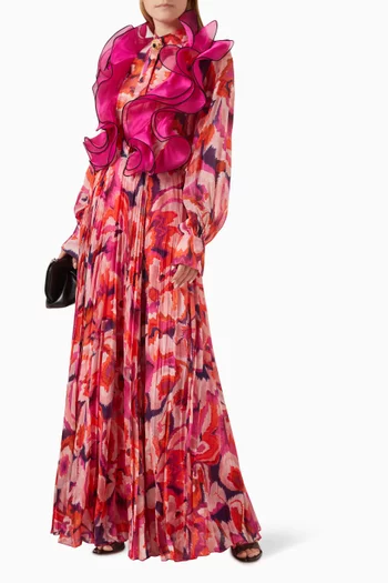 All-over Print Ruffled Maxi Dress in Organza & Chiffon