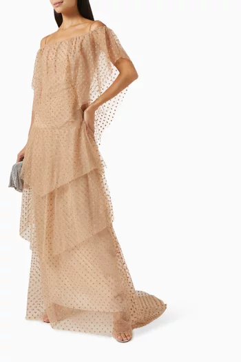 Free Off-the-shoulder Maxi Dress in Dotted Tulle