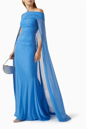 Off-the-shoulders Draped Maxi Dress in Stretch Tulle