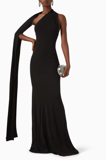One-shoulder Cape-sleeve Gown in Viscose Jersey
