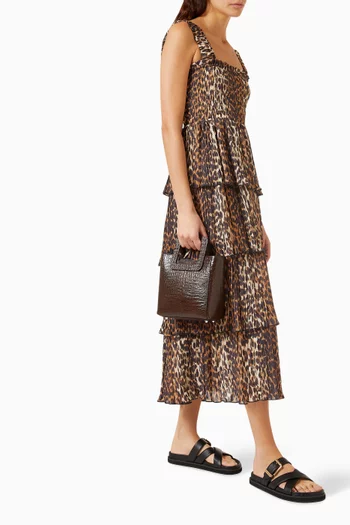 Leopard-print Flounce Midi Dress in Pleated Georgette