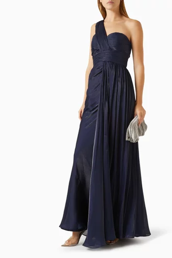 One-shoulder Pleated Chiffon Evening Gown in Polyester