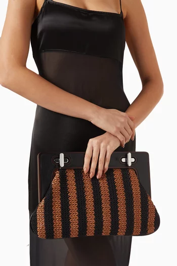 Alba Striped Clutch Bag in Leather & Raffia