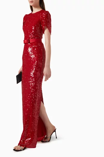 Belted Column Maxi Dress in Sequin