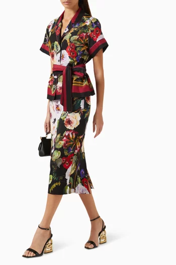 Floral-print Midi Skirt in Silk-charmeuse