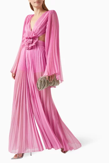 Floral Cut-out Maxi Dress in Pleated Chiffon