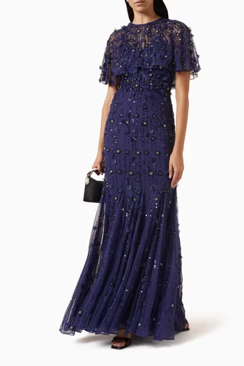 Embellished Illusion Cape Sleeve Trumpet Gown