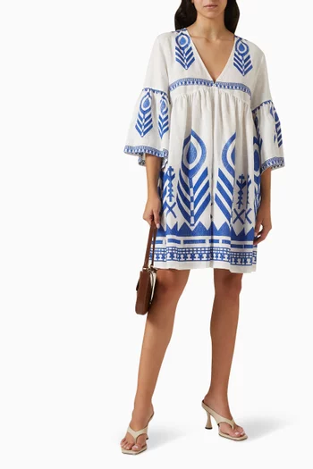 Embroidered Feather Mini Dress in Linen