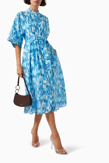 فستان ديبيوتو متوسط الطول بنمط قميص مزين بنقشة قطن وحرير