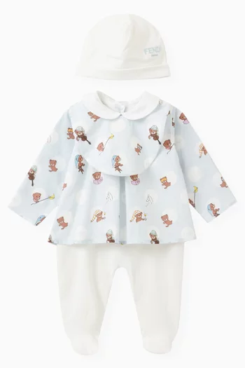 Teddy-print Sleepsuit, Bib & Hat Set in Cotton