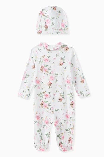 Floral-print Sleepsuit and Hat Set in Cotton