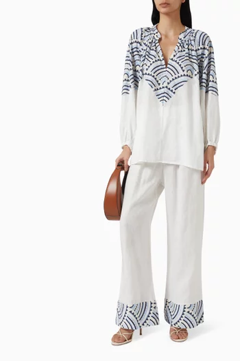 Embroidered Puffy Sleeve Blouse in Linen