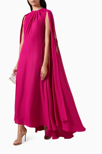 Embellished Cape Maxi Dress in Crepe