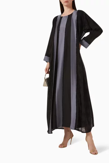 Fringed Abaya Set in Printed Linen