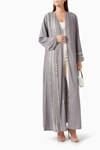 Crystal-trim Abaya in Cotton-linen