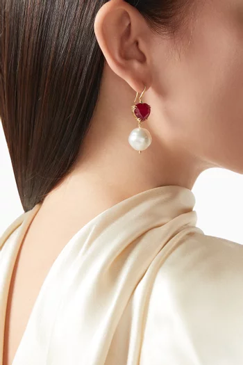 Mismatched Ruby, Pearl & Diamond Drop Earrings in 18kt Gold
