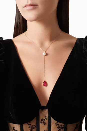 Ruby, Pearl & Diamond Lariat Necklace in 18kt Gold