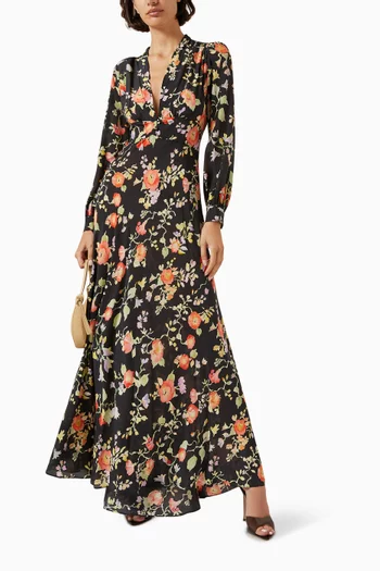 فستان ايموري طويل بنقشة زهور حرير كريب صيني