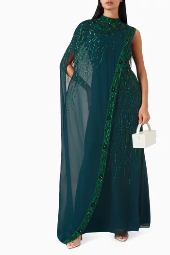 Embellished Asymmetric Cape Dress in Georgette
