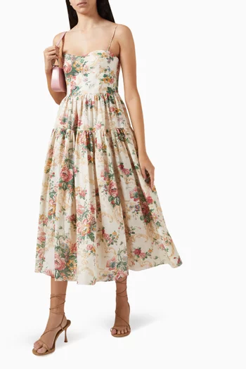 Floral-print Midi Dress in Linen