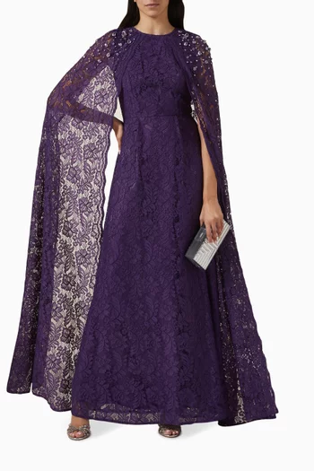 Embellished Cape-style Maxi Dress in Lace