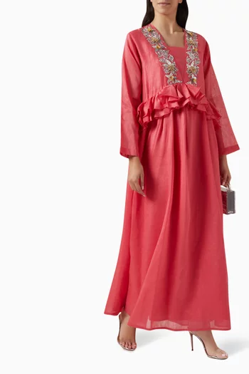 Floral Embroidery Maxi Dress in Linen-silk