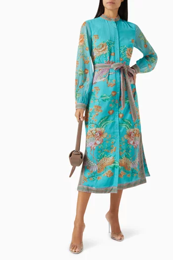 Floral-print Belted Midi Dress in Crinkled Georgette