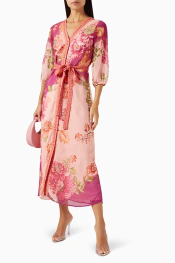 Floral-print Belted Midi Dress in Crinkle Georgette