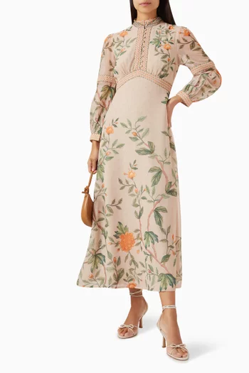 Floral-print Midi Dress in Crinkle Lurex Georgette