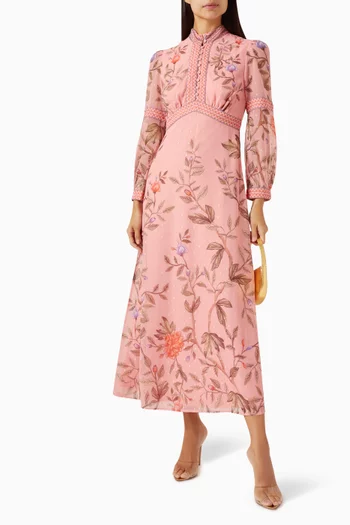 Floral-print Midi Dress in Crinkle Lurex Georgette
