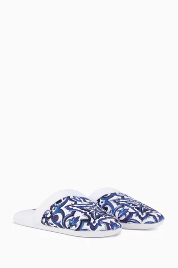 Unisex Blu Mediterraneo-print Slippers in Cotton-terry