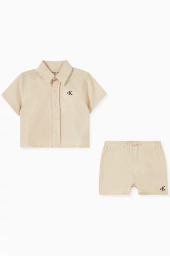 Logo-embroidered Shirt & Shorts Set in Cotton-linen Blend