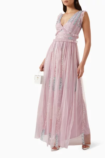 Embellished Ruffled-trim Maxi Dress in Tulle