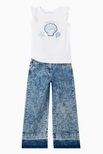 Rhinestone-embellished Flared Jeans in Stretch Cotton-denim