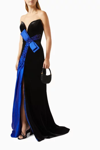 Raquel Strapless Bow Maxi Dress in Velvet