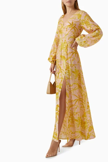 Golden Long-sleeve Maxi Dress in Silk