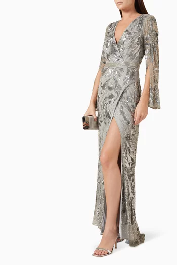 Sequin-embellished Faux Wrap Maxi Gown in Mesh