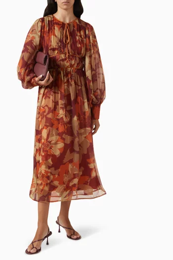Pleated Floral-print Midi Dress