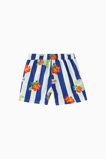 Striped Floral Swim Shorts in Nylon
