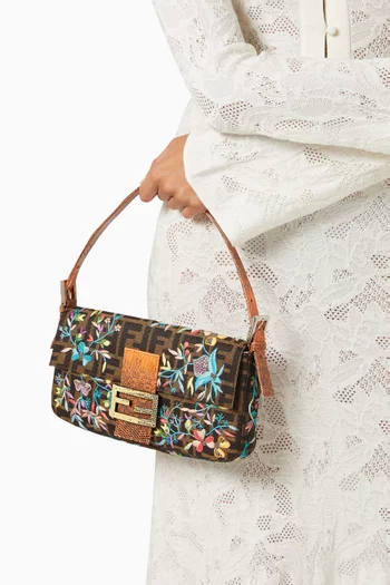 Baguette Embroidered Shoulder Bag in Zucca Canvas & Lizard Leather