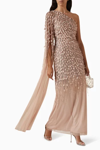 Embellished Draped One-shoulder Gown in Tulle