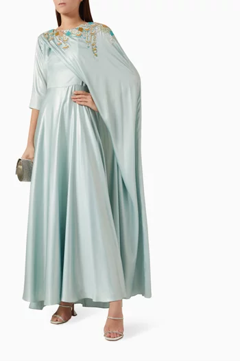 Bead-embellished Asymmetric Cape Dress in Metallic-crepe